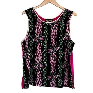 Bob Mackie Wearable Art Floral Tank, 100% Silk, Magenta, Green, Black, White, XL